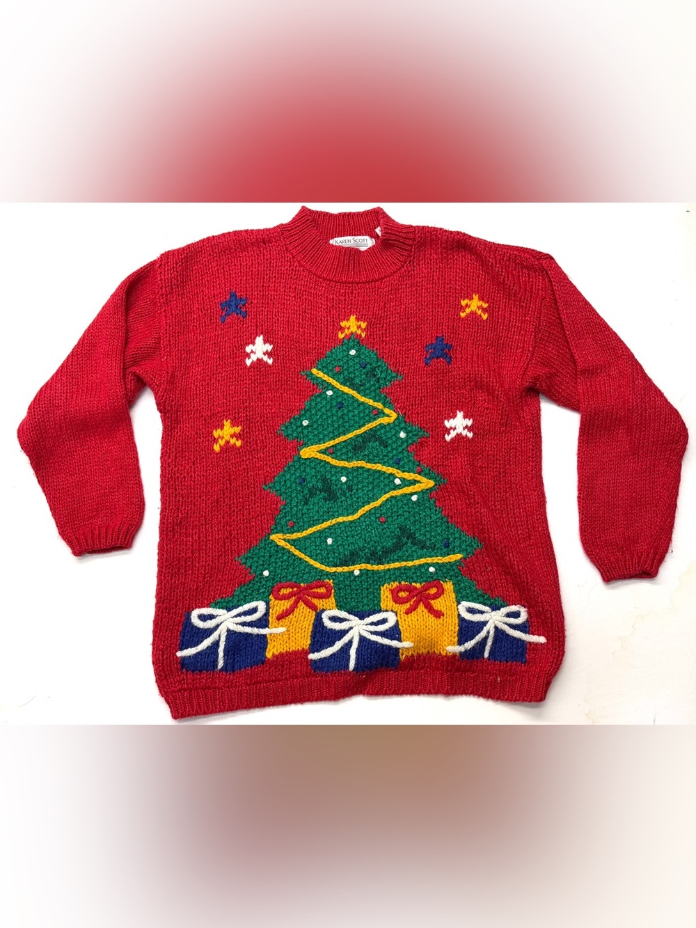 Vintage 90s Karen Scott Red Holiday Crewneck Sweater Christmas Tree